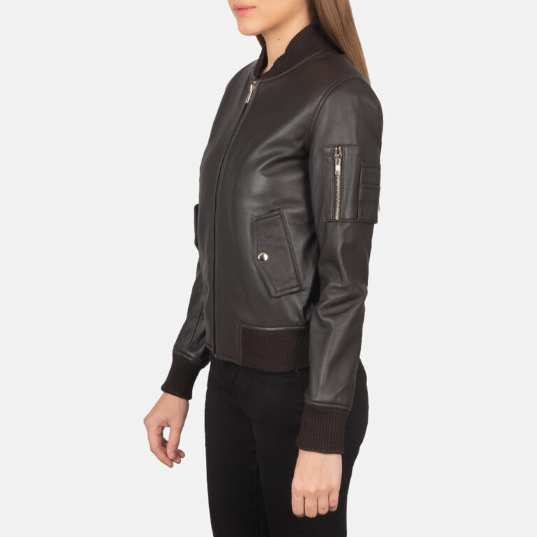 Womens Ava Ma-1 Brown Leather Bomber Jacket Side Pose-3-1659371824875